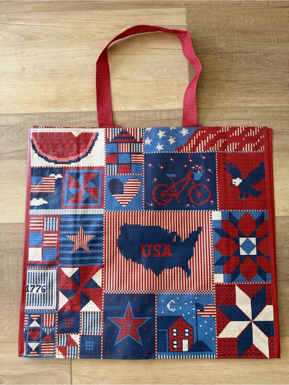 Patriotic USA patchwork print reusable tote bag